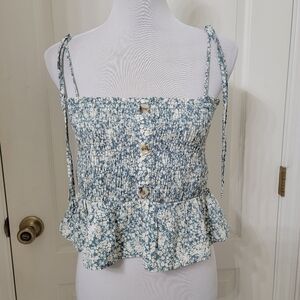 paper crane Size L Blue White Floral Smocked Halter Top Tie Straps, Peplum Style